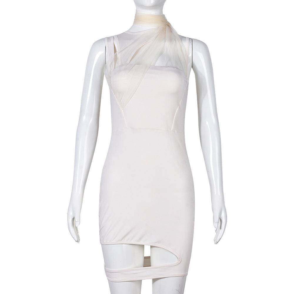 Women Clothing Spring Mesh Stitching Halter Cut out Irregular Asymmetric Dress Bella Mia